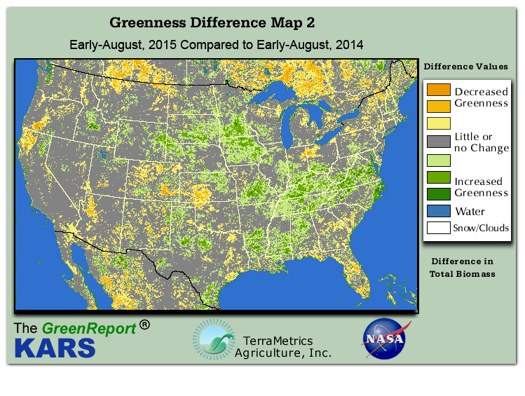 Color-coded U.S. vegetation greeness index map for Period 32 of 2015, illustrating spatial variations in plant vigor, with greener tones indicating higher biomass and browner tones indicating stressed vegetation,
              comparing current crop/vegetation change in biomass to same period from the previous year.