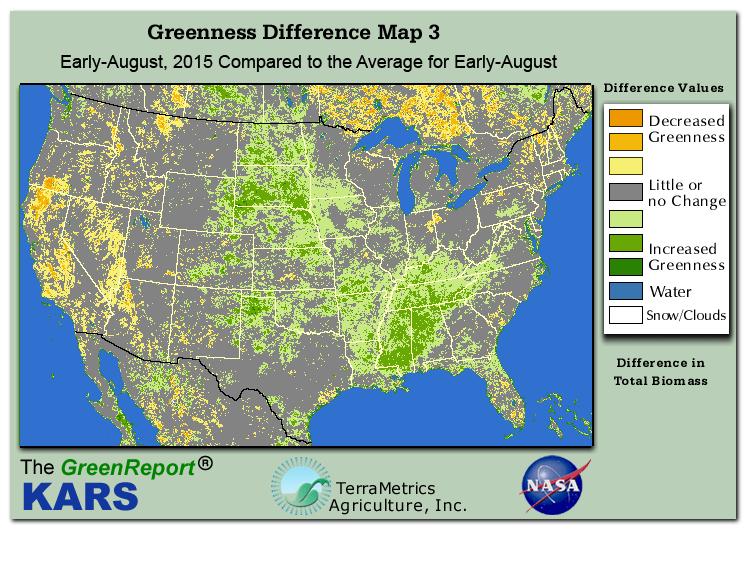 Color-coded U.S. vegetation greeness index map for Period 32 of 2015, illustrating spatial variations in plant vigor, with greener tones indicating higher biomass and browner tones indicating stressed vegetation,
              comparing current crop/vegetation change in biomass to the 20-year greenness average.