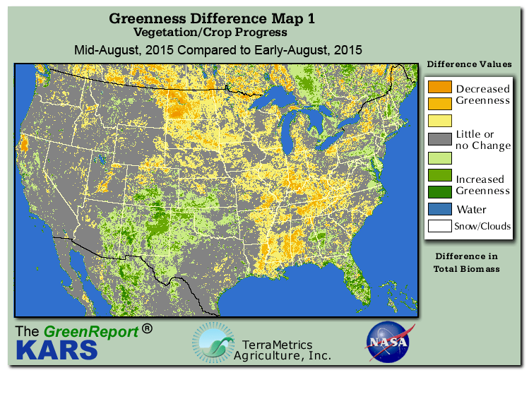 Color-coded U.S. vegetation greeness index map for Period 33 of 2015, illustrating spatial variations in plant vigor, with greener tones indicating higher biomass and browner tones indicating stressed vegetation,
              comparing current crop/vegetation change in biomass to the previous week within the same year.