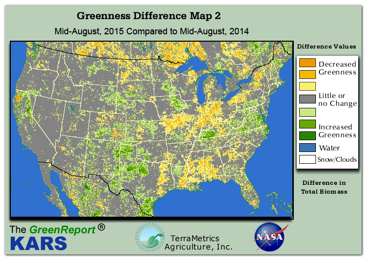 Color-coded U.S. vegetation greeness index map for Period 33 of 2015, illustrating spatial variations in plant vigor, with greener tones indicating higher biomass and browner tones indicating stressed vegetation,
              comparing current crop/vegetation change in biomass to same period from the previous year.
