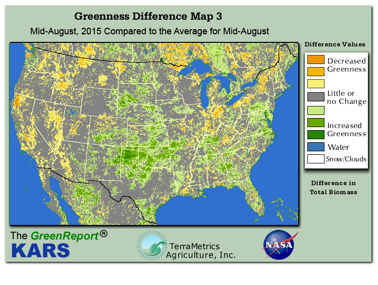 Color-coded U.S. vegetation greeness index map for Period 33 of 2015, illustrating spatial variations in plant vigor, with greener tones indicating higher biomass and browner tones indicating stressed vegetation,
              comparing current crop/vegetation change in biomass to the 20-year greenness average.