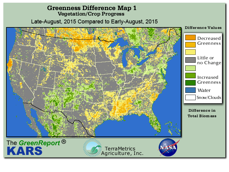 Color-coded U.S. vegetation greeness index map for Period 34 of 2015, illustrating spatial variations in plant vigor, with greener tones indicating higher biomass and browner tones indicating stressed vegetation,
              comparing current crop/vegetation change in biomass to the previous week within the same year.
