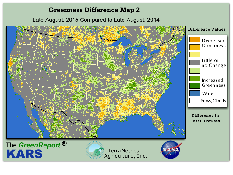 Color-coded U.S. vegetation greeness index map for Period 34 of 2015, illustrating spatial variations in plant vigor, with greener tones indicating higher biomass and browner tones indicating stressed vegetation,
              comparing current crop/vegetation change in biomass to same period from the previous year.