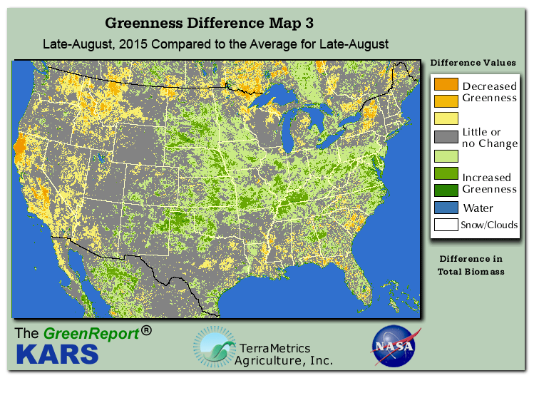 Color-coded U.S. vegetation greeness index map for Period 34 of 2015, illustrating spatial variations in plant vigor, with greener tones indicating higher biomass and browner tones indicating stressed vegetation,
              comparing current crop/vegetation change in biomass to the 20-year greenness average.