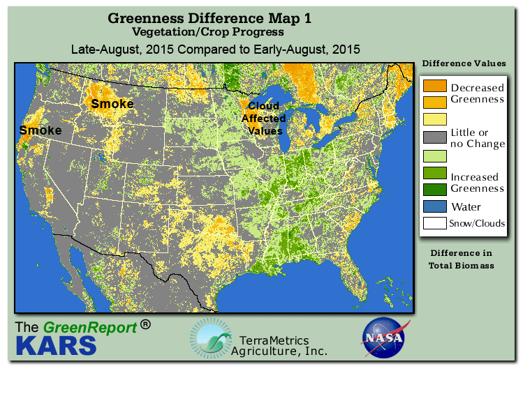 Color-coded U.S. vegetation greeness index map for Period 35 of 2015, illustrating spatial variations in plant vigor, with greener tones indicating higher biomass and browner tones indicating stressed vegetation,
              comparing current crop/vegetation change in biomass to the previous week within the same year.