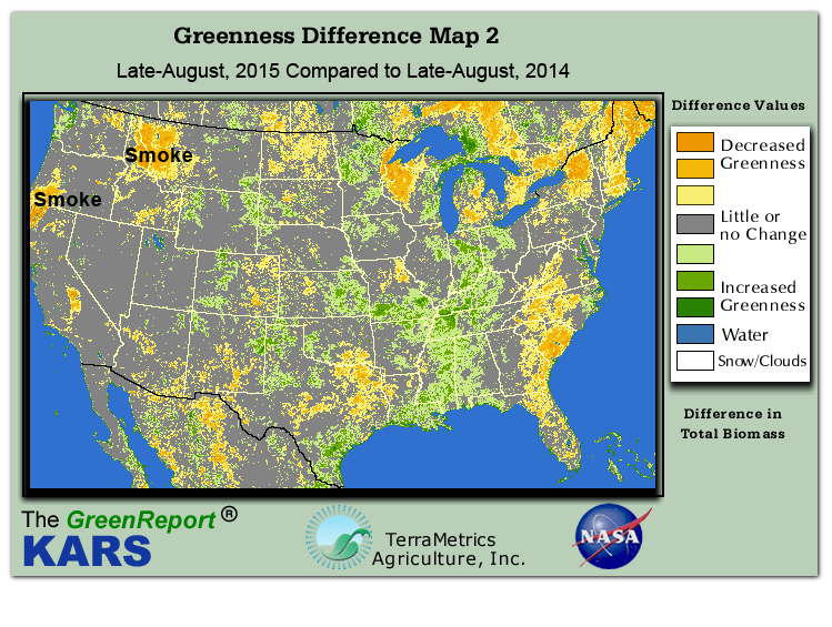 Color-coded U.S. vegetation greeness index map for Period 35 of 2015, illustrating spatial variations in plant vigor, with greener tones indicating higher biomass and browner tones indicating stressed vegetation,
              comparing current crop/vegetation change in biomass to same period from the previous year.