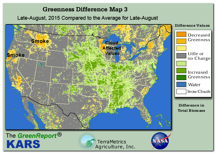 Color-coded U.S. vegetation greeness index map for Period 35 of 2015, illustrating spatial variations in plant vigor, with greener tones indicating higher biomass and browner tones indicating stressed vegetation,
              comparing current crop/vegetation change in biomass to the 20-year greenness average.