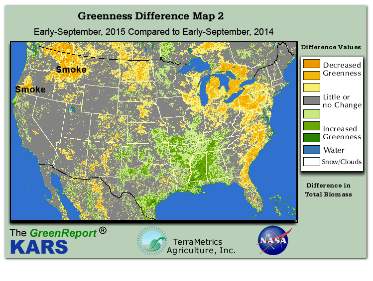Color-coded U.S. vegetation greeness index map for Period 36 of 2015, illustrating spatial variations in plant vigor, with greener tones indicating higher biomass and browner tones indicating stressed vegetation,
              comparing current crop/vegetation change in biomass to same period from the previous year.