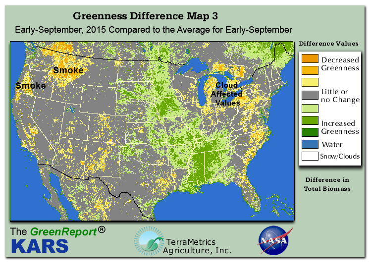 Color-coded U.S. vegetation greeness index map for Period 36 of 2015, illustrating spatial variations in plant vigor, with greener tones indicating higher biomass and browner tones indicating stressed vegetation,
              comparing current crop/vegetation change in biomass to the 20-year greenness average.