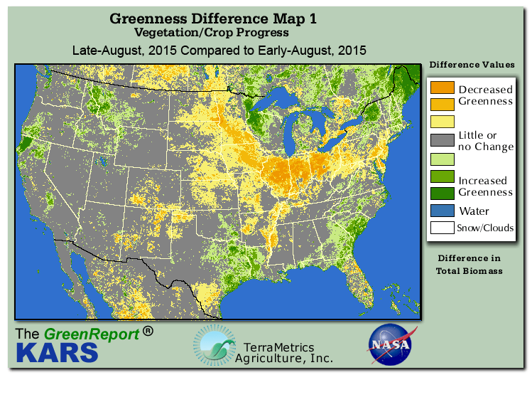 Color-coded U.S. vegetation greeness index map for Period 37 of 2015, illustrating spatial variations in plant vigor, with greener tones indicating higher biomass and browner tones indicating stressed vegetation,
              comparing current crop/vegetation change in biomass to the previous week within the same year.