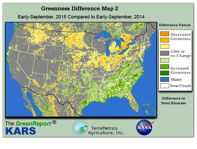 Color-coded U.S. vegetation greeness index map for Period 37 of 2015, illustrating spatial variations in plant vigor, with greener tones indicating higher biomass and browner tones indicating stressed vegetation,
              comparing current crop/vegetation change in biomass to same period from the previous year.