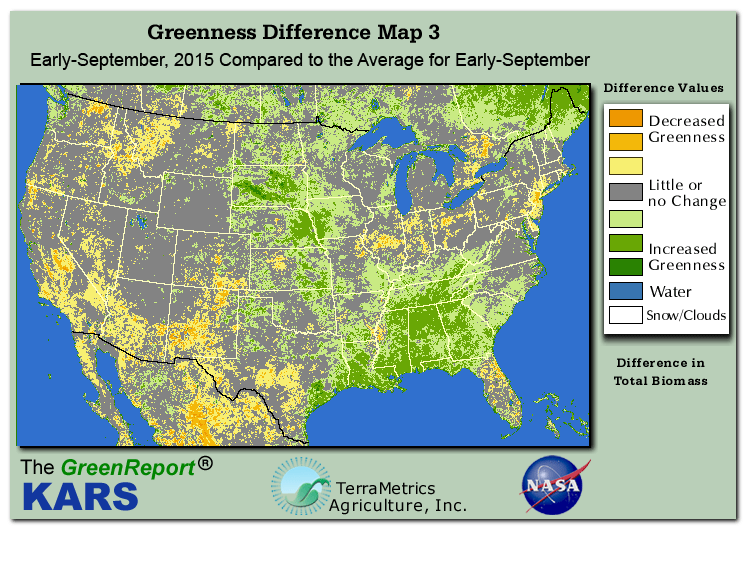 Color-coded U.S. vegetation greeness index map for Period 37 of 2015, illustrating spatial variations in plant vigor, with greener tones indicating higher biomass and browner tones indicating stressed vegetation,
              comparing current crop/vegetation change in biomass to the 20-year greenness average.
