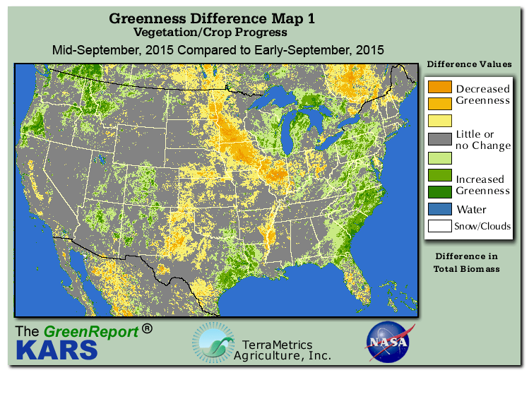 Color-coded U.S. vegetation greeness index map for Period 38 of 2015, illustrating spatial variations in plant vigor, with greener tones indicating higher biomass and browner tones indicating stressed vegetation,
              comparing current crop/vegetation change in biomass to the previous week within the same year.