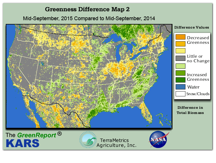 Color-coded U.S. vegetation greeness index map for Period 38 of 2015, illustrating spatial variations in plant vigor, with greener tones indicating higher biomass and browner tones indicating stressed vegetation,
              comparing current crop/vegetation change in biomass to same period from the previous year.