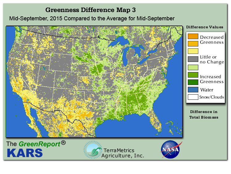 Color-coded U.S. vegetation greeness index map for Period 38 of 2015, illustrating spatial variations in plant vigor, with greener tones indicating higher biomass and browner tones indicating stressed vegetation,
              comparing current crop/vegetation change in biomass to the 20-year greenness average.