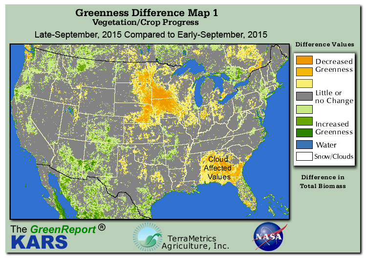 Color-coded U.S. vegetation greeness index map for Period 39 of 2015, illustrating spatial variations in plant vigor, with greener tones indicating higher biomass and browner tones indicating stressed vegetation,
              comparing current crop/vegetation change in biomass to the previous week within the same year.