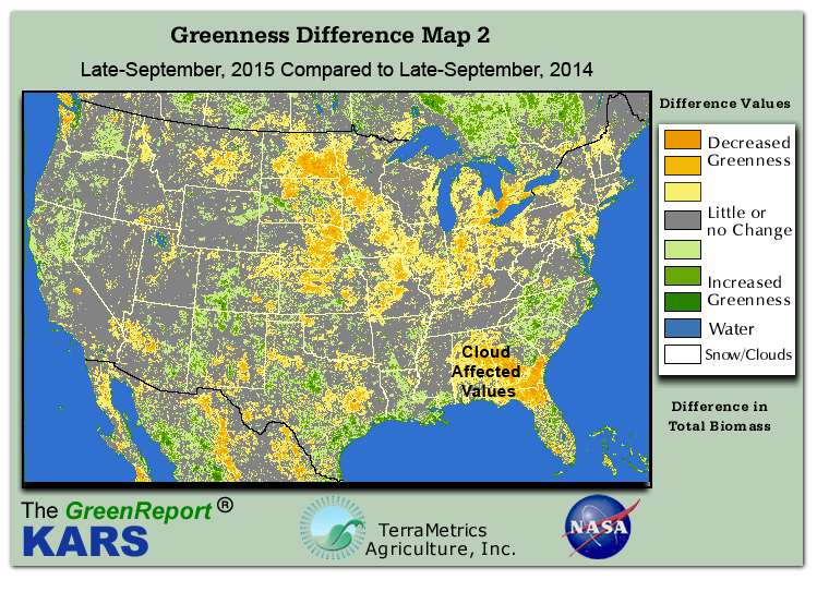 Color-coded U.S. vegetation greeness index map for Period 39 of 2015, illustrating spatial variations in plant vigor, with greener tones indicating higher biomass and browner tones indicating stressed vegetation,
              comparing current crop/vegetation change in biomass to same period from the previous year.