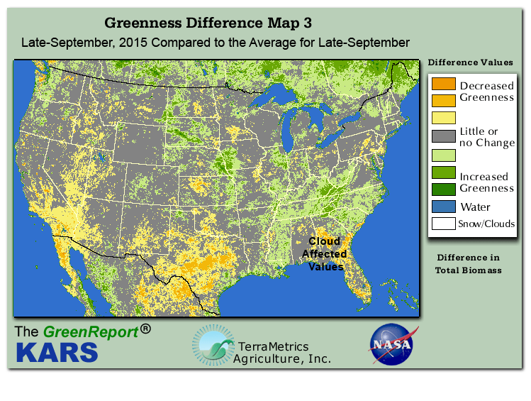 Color-coded U.S. vegetation greeness index map for Period 39 of 2015, illustrating spatial variations in plant vigor, with greener tones indicating higher biomass and browner tones indicating stressed vegetation,
              comparing current crop/vegetation change in biomass to the 20-year greenness average.