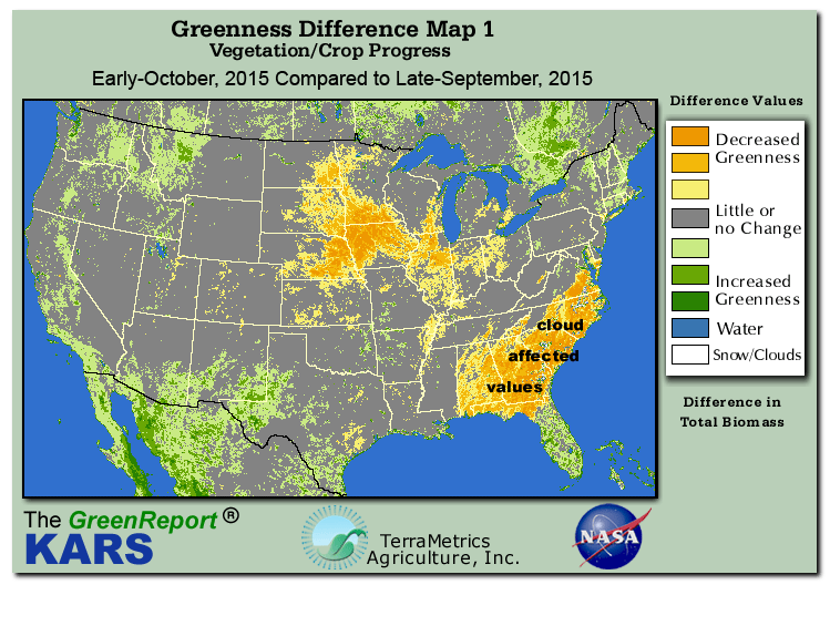 Color-coded U.S. vegetation greeness index map for Period 40 of 2015, illustrating spatial variations in plant vigor, with greener tones indicating higher biomass and browner tones indicating stressed vegetation,
              comparing current crop/vegetation change in biomass to the previous week within the same year.