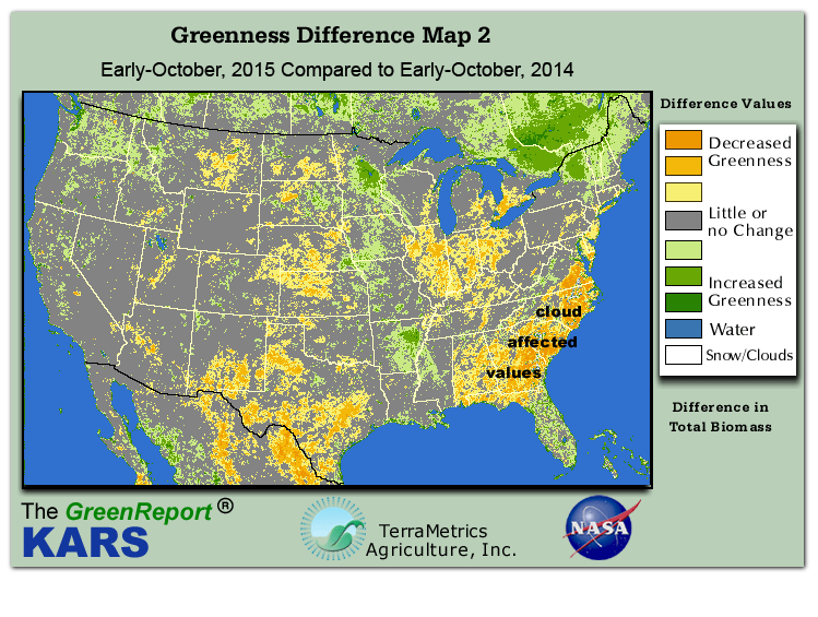 Color-coded U.S. vegetation greeness index map for Period 40 of 2015, illustrating spatial variations in plant vigor, with greener tones indicating higher biomass and browner tones indicating stressed vegetation,
              comparing current crop/vegetation change in biomass to same period from the previous year.