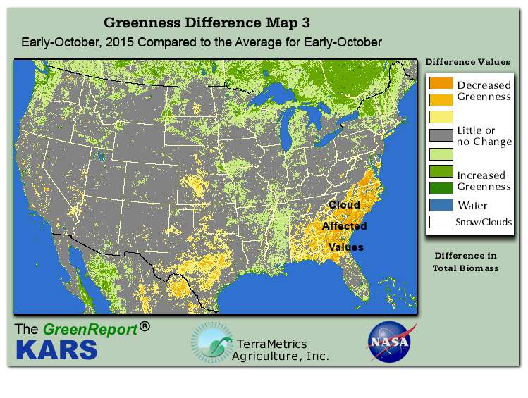Color-coded U.S. vegetation greeness index map for Period 40 of 2015, illustrating spatial variations in plant vigor, with greener tones indicating higher biomass and browner tones indicating stressed vegetation,
              comparing current crop/vegetation change in biomass to the 20-year greenness average.
