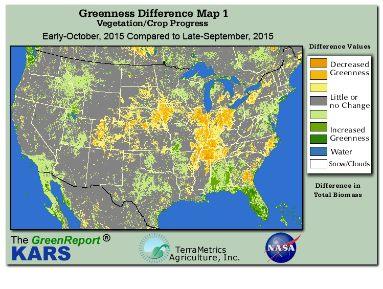 Color-coded U.S. vegetation greeness index map for Period 41 of 2015, illustrating spatial variations in plant vigor, with greener tones indicating higher biomass and browner tones indicating stressed vegetation,
              comparing current crop/vegetation change in biomass to the previous week within the same year.
