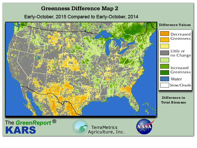 Color-coded U.S. vegetation greeness index map for Period 41 of 2015, illustrating spatial variations in plant vigor, with greener tones indicating higher biomass and browner tones indicating stressed vegetation,
              comparing current crop/vegetation change in biomass to same period from the previous year.