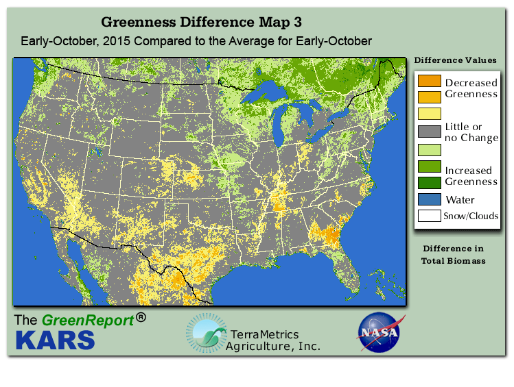 Color-coded U.S. vegetation greeness index map for Period 41 of 2015, illustrating spatial variations in plant vigor, with greener tones indicating higher biomass and browner tones indicating stressed vegetation,
              comparing current crop/vegetation change in biomass to the 20-year greenness average.