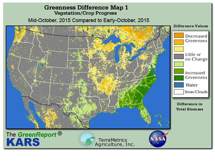 Color-coded U.S. vegetation greeness index map for Period 42 of 2015, illustrating spatial variations in plant vigor, with greener tones indicating higher biomass and browner tones indicating stressed vegetation,
              comparing current crop/vegetation change in biomass to the previous week within the same year.