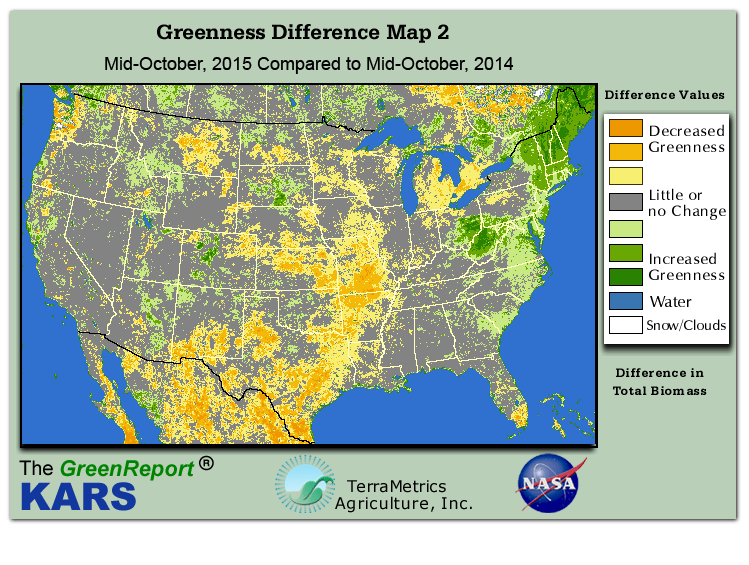 Color-coded U.S. vegetation greeness index map for Period 42 of 2015, illustrating spatial variations in plant vigor, with greener tones indicating higher biomass and browner tones indicating stressed vegetation,
              comparing current crop/vegetation change in biomass to same period from the previous year.