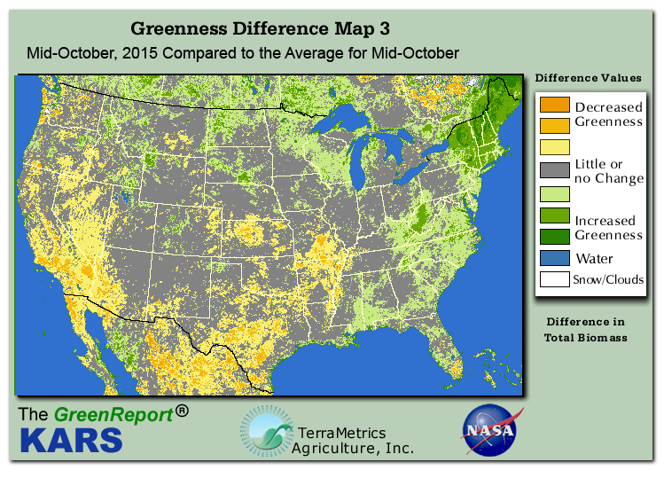Color-coded U.S. vegetation greeness index map for Period 42 of 2015, illustrating spatial variations in plant vigor, with greener tones indicating higher biomass and browner tones indicating stressed vegetation,
              comparing current crop/vegetation change in biomass to the 20-year greenness average.