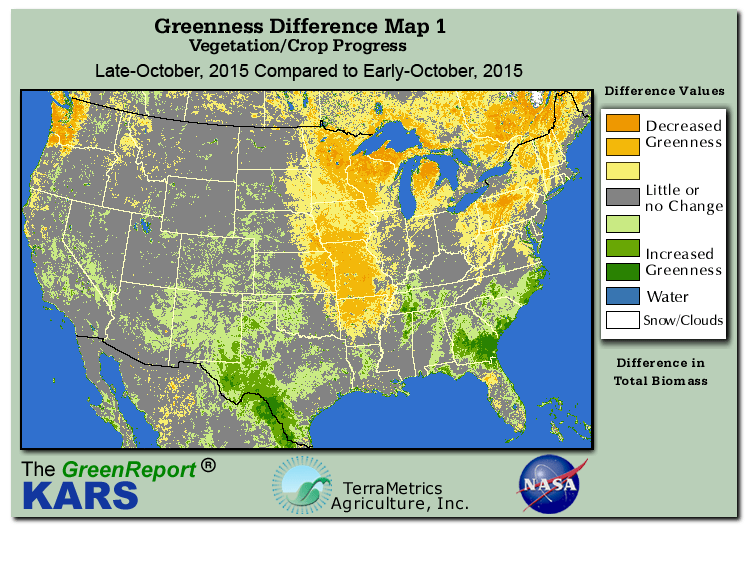 Color-coded U.S. vegetation greeness index map for Period 43 of 2015, illustrating spatial variations in plant vigor, with greener tones indicating higher biomass and browner tones indicating stressed vegetation,
              comparing current crop/vegetation change in biomass to the previous week within the same year.