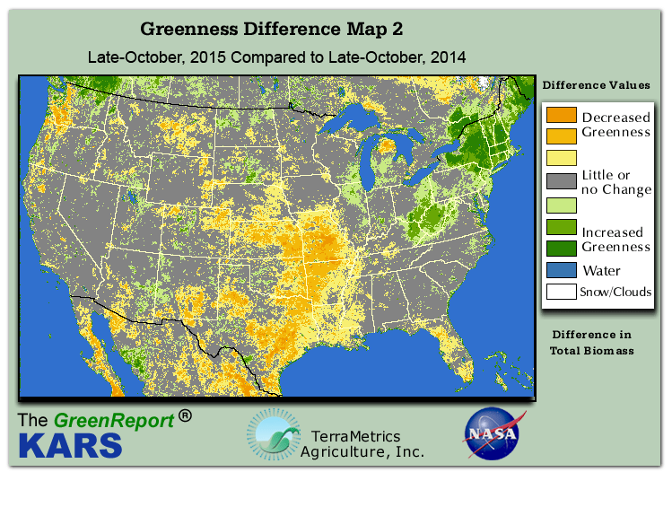 Color-coded U.S. vegetation greeness index map for Period 43 of 2015, illustrating spatial variations in plant vigor, with greener tones indicating higher biomass and browner tones indicating stressed vegetation,
              comparing current crop/vegetation change in biomass to same period from the previous year.