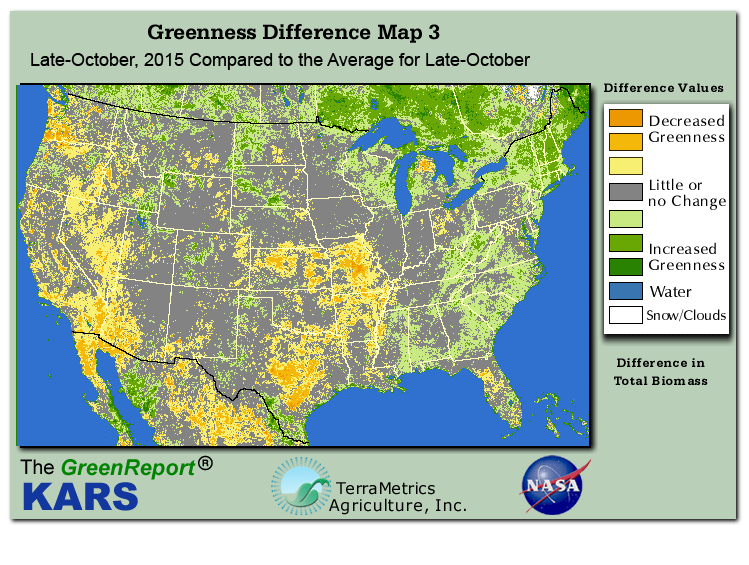 Color-coded U.S. vegetation greeness index map for Period 43 of 2015, illustrating spatial variations in plant vigor, with greener tones indicating higher biomass and browner tones indicating stressed vegetation,
              comparing current crop/vegetation change in biomass to the 20-year greenness average.
