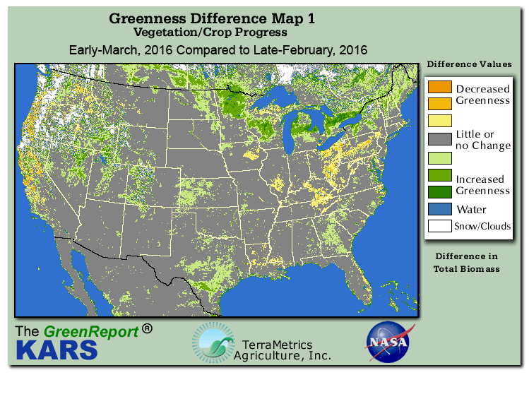 Color-coded U.S. vegetation greeness index map for Period 11 of 2016, illustrating spatial variations in plant vigor, with greener tones indicating higher biomass and browner tones indicating stressed vegetation,
              comparing current crop/vegetation change in biomass to the previous week within the same year.