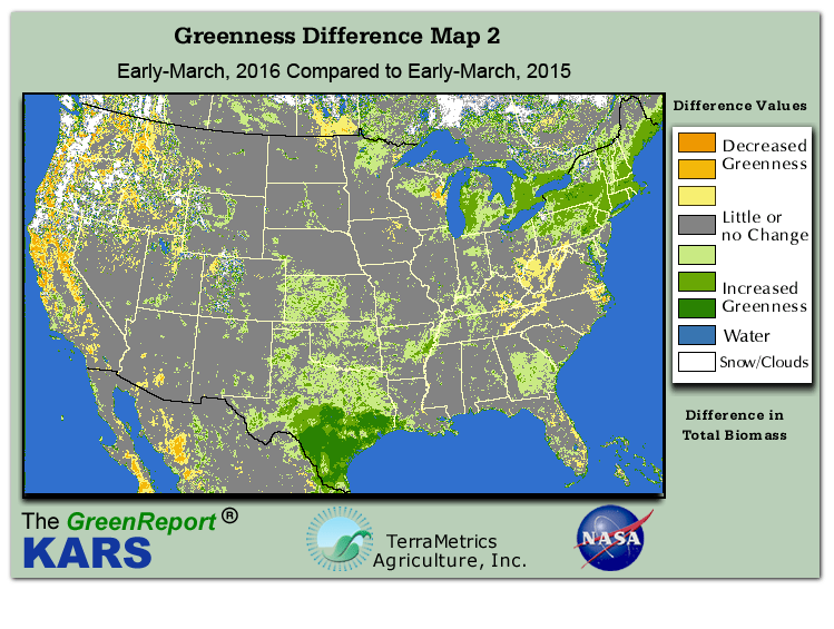 Color-coded U.S. vegetation greeness index map for Period 11 of 2016, illustrating spatial variations in plant vigor, with greener tones indicating higher biomass and browner tones indicating stressed vegetation,
              comparing current crop/vegetation change in biomass to same period from the previous year.