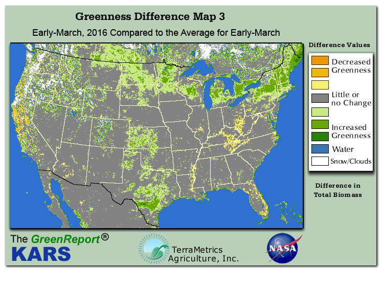 Color-coded U.S. vegetation greeness index map for Period 11 of 2016, illustrating spatial variations in plant vigor, with greener tones indicating higher biomass and browner tones indicating stressed vegetation,
              comparing current crop/vegetation change in biomass to the 20-year greenness average.