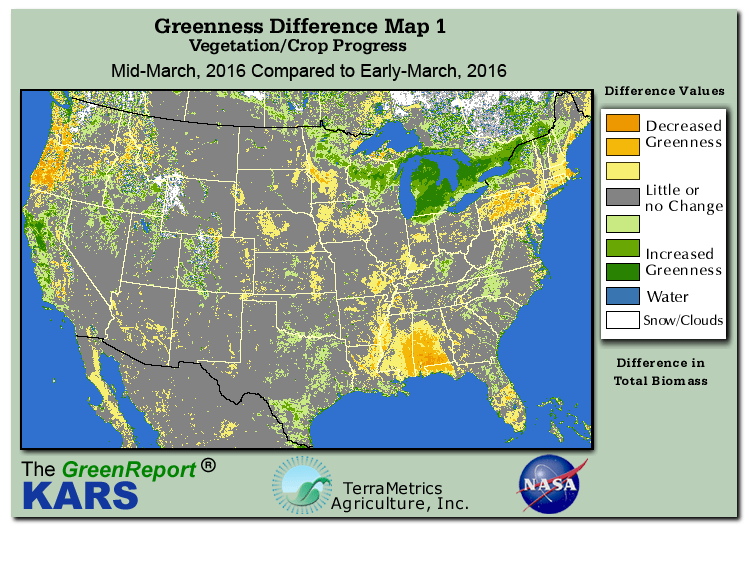 Color-coded U.S. vegetation greeness index map for Period 12 of 2016, illustrating spatial variations in plant vigor, with greener tones indicating higher biomass and browner tones indicating stressed vegetation,
              comparing current crop/vegetation change in biomass to the previous week within the same year.