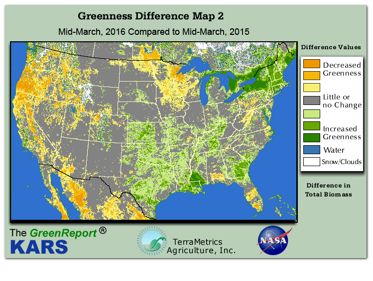 Color-coded U.S. vegetation greeness index map for Period 12 of 2016, illustrating spatial variations in plant vigor, with greener tones indicating higher biomass and browner tones indicating stressed vegetation,
              comparing current crop/vegetation change in biomass to same period from the previous year.