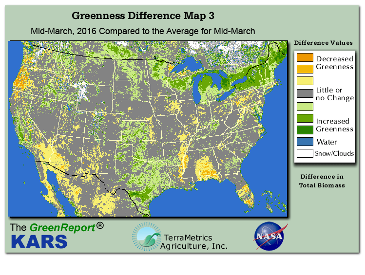 Color-coded U.S. vegetation greeness index map for Period 12 of 2016, illustrating spatial variations in plant vigor, with greener tones indicating higher biomass and browner tones indicating stressed vegetation,
              comparing current crop/vegetation change in biomass to the 20-year greenness average.