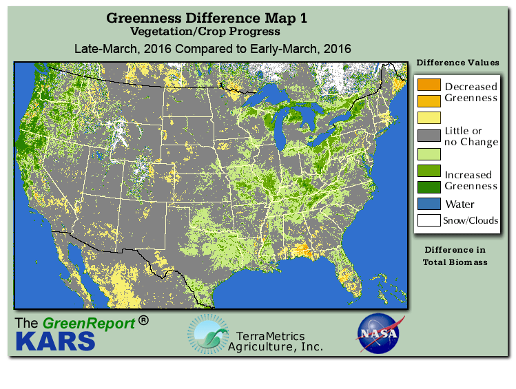 Color-coded U.S. vegetation greeness index map for Period 13 of 2016, illustrating spatial variations in plant vigor, with greener tones indicating higher biomass and browner tones indicating stressed vegetation,
              comparing current crop/vegetation change in biomass to the previous week within the same year.