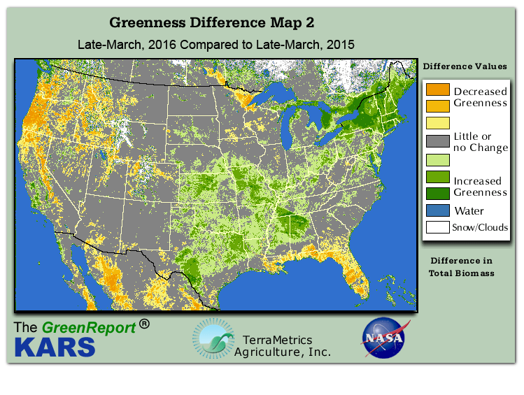 Color-coded U.S. vegetation greeness index map for Period 13 of 2016, illustrating spatial variations in plant vigor, with greener tones indicating higher biomass and browner tones indicating stressed vegetation,
              comparing current crop/vegetation change in biomass to same period from the previous year.
