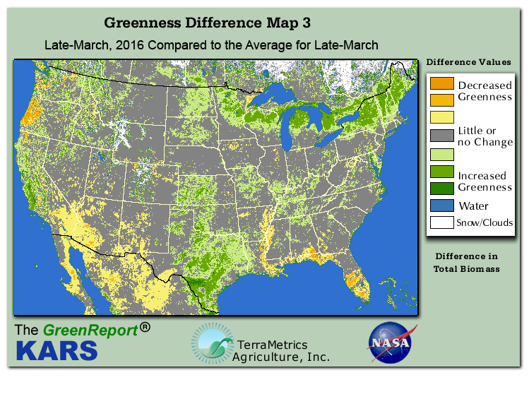 Color-coded U.S. vegetation greeness index map for Period 13 of 2016, illustrating spatial variations in plant vigor, with greener tones indicating higher biomass and browner tones indicating stressed vegetation,
              comparing current crop/vegetation change in biomass to the 20-year greenness average.