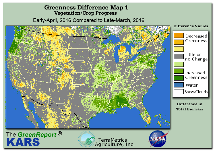 Color-coded U.S. vegetation greeness index map for Period 14 of 2016, illustrating spatial variations in plant vigor, with greener tones indicating higher biomass and browner tones indicating stressed vegetation,
              comparing current crop/vegetation change in biomass to the previous week within the same year.