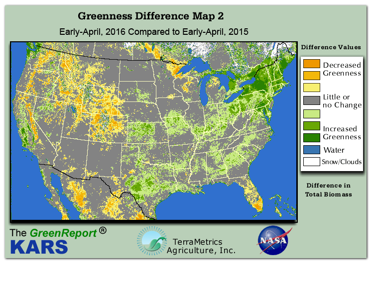 Color-coded U.S. vegetation greeness index map for Period 14 of 2016, illustrating spatial variations in plant vigor, with greener tones indicating higher biomass and browner tones indicating stressed vegetation,
              comparing current crop/vegetation change in biomass to same period from the previous year.