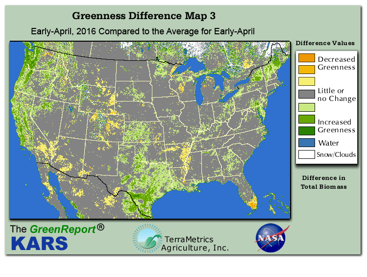Color-coded U.S. vegetation greeness index map for Period 14 of 2016, illustrating spatial variations in plant vigor, with greener tones indicating higher biomass and browner tones indicating stressed vegetation,
              comparing current crop/vegetation change in biomass to the 20-year greenness average.