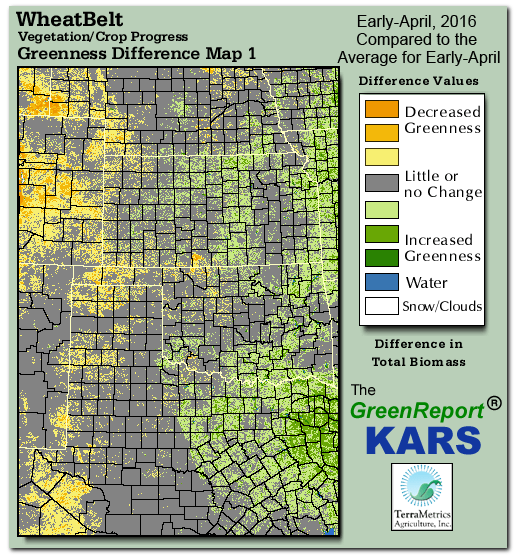 Color-coded Wheat Belt vegetation greeness index map for Period 14 of 2016, illustrating spatial variations in plant vigor, with greener tones indicating higher biomass and browner tones indicating stressed vegetation,
              comparing current crop/vegetation change in biomass to the previous week within the same year.