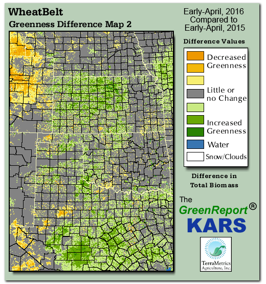 Color-coded Wheat Belt vegetation greeness index map for Period 14 of 2016, illustrating spatial variations in plant vigor, with greener tones indicating higher biomass and browner tones indicating stressed vegetation,
              comparing current crop/vegetation change in biomass to same period from the previous year.