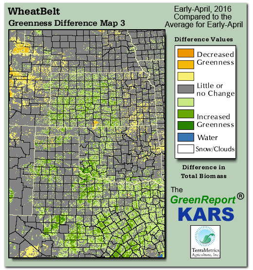 Color-coded Wheat Belt vegetation greeness index map for Period 14 of 2016, illustrating spatial variations in plant vigor, with greener tones indicating higher biomass and browner tones indicating stressed vegetation,
              comparing current crop/vegetation change in biomass to the 20-year greenness average.
