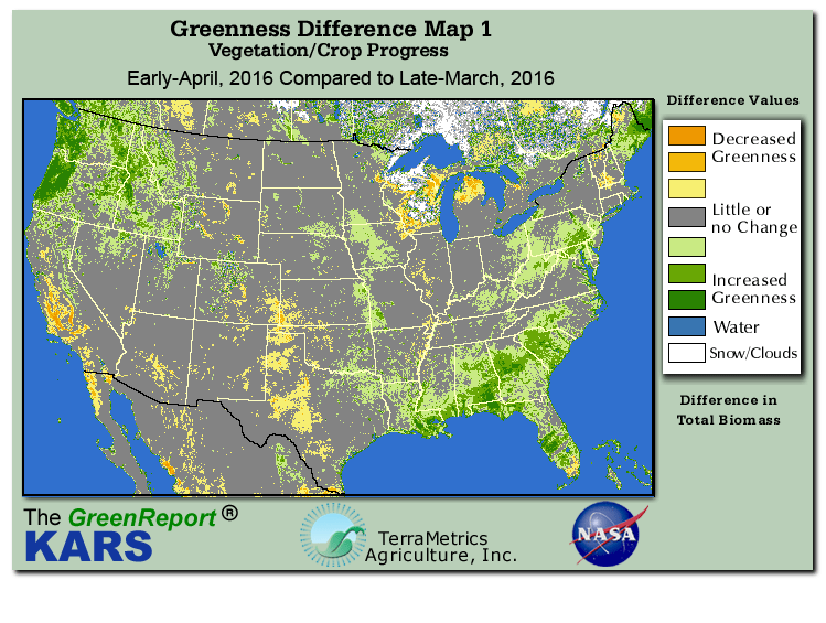 Color-coded U.S. vegetation greeness index map for Period 15 of 2016, illustrating spatial variations in plant vigor, with greener tones indicating higher biomass and browner tones indicating stressed vegetation,
              comparing current crop/vegetation change in biomass to the previous week within the same year.